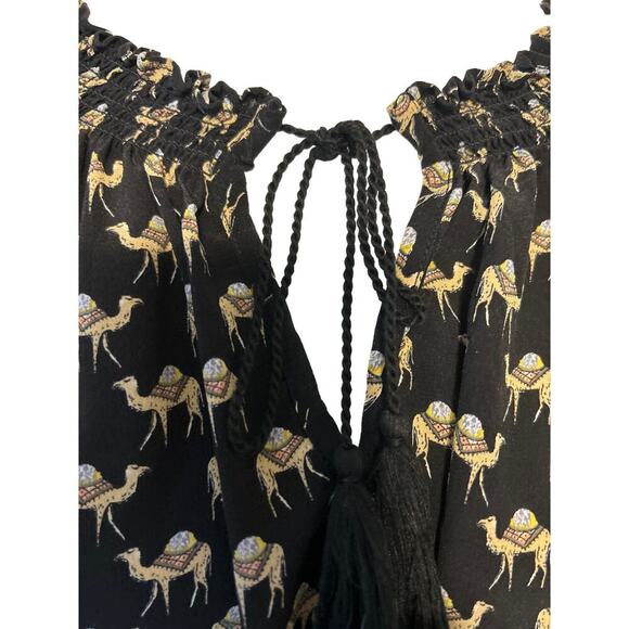 Joie 100% Silk Blouse Top Women's Size Medium Black Camel Print Key Hole Tassels - Picture 3 of 7